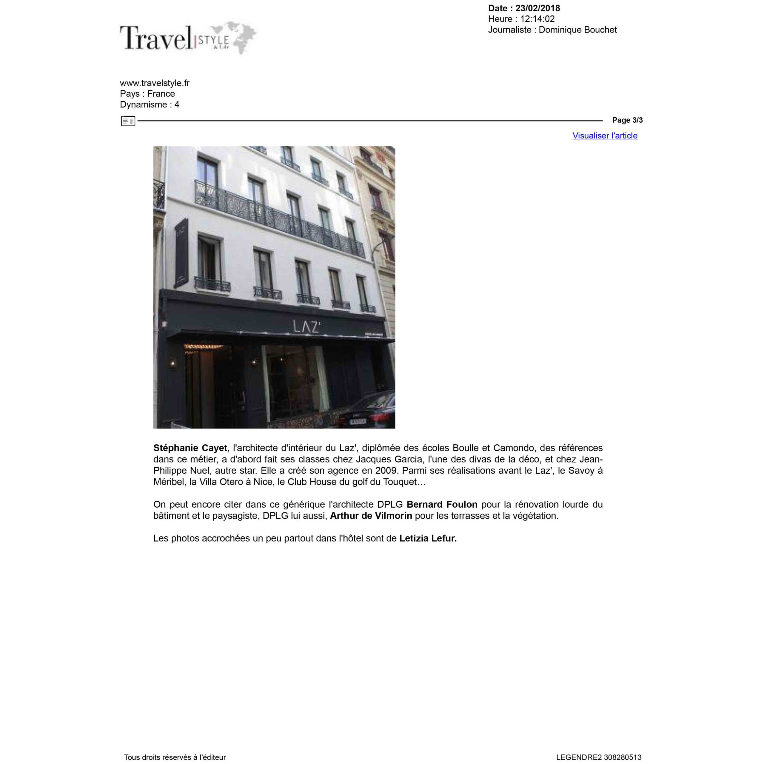 PRESSE TRAVEL STYLE Article HOTEL 4 etoiles stephanie cayet architecture interieure design